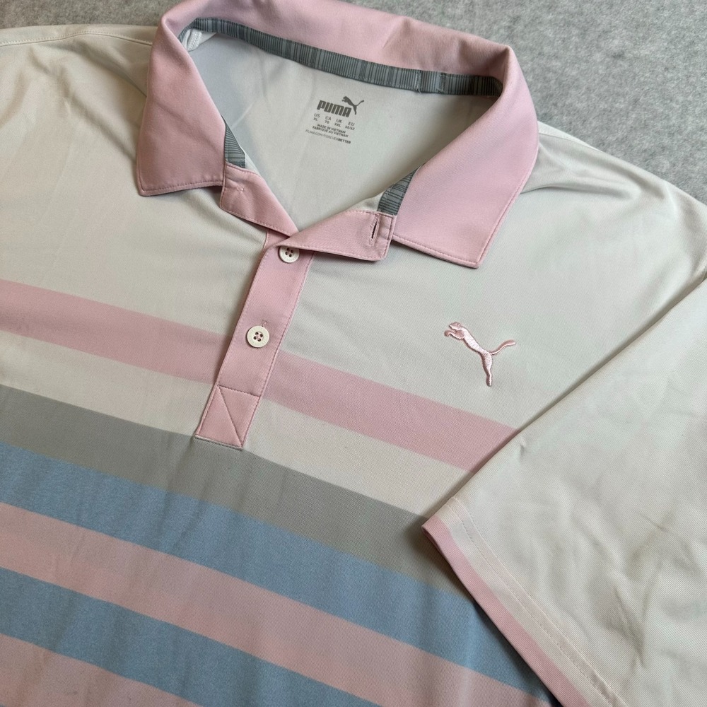 Puma Golf Polo Mens XL Pink Blue Gray Striped Performance Short Sleeve Shirt